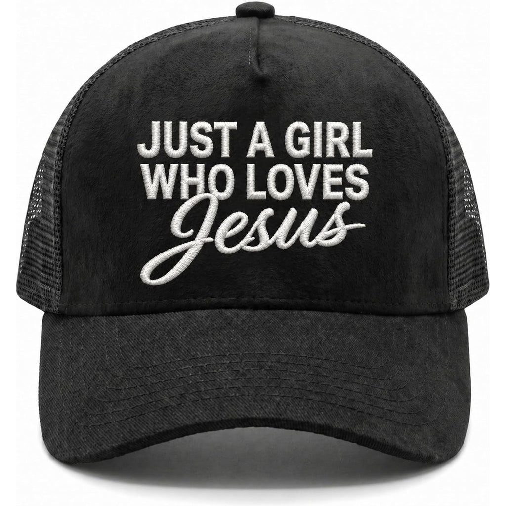 Christian Hat for Men Women - Premium Embroidered Faith Baseball Cap - Religious Jesus Gifts, Mesh Back Trucker Hats Just a Girl Who Loves Jesus-black