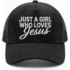 Christian Hat for Men Women - Premium Embroidered Faith Baseball Cap - Religious Jesus Gifts, Mesh Back Trucker Hats Just a Girl Who Loves Jesus-black