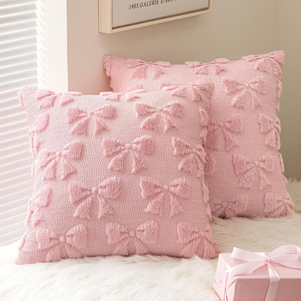 Miulee Pink Bow Pillow Covers Coquette Room Decor Aesthetic Set Of 2 Spring Decorative Cute Girl Soft Plush Faux Pillowcase For Preppy Room Decor Bedroom Couch,18X18 Inch