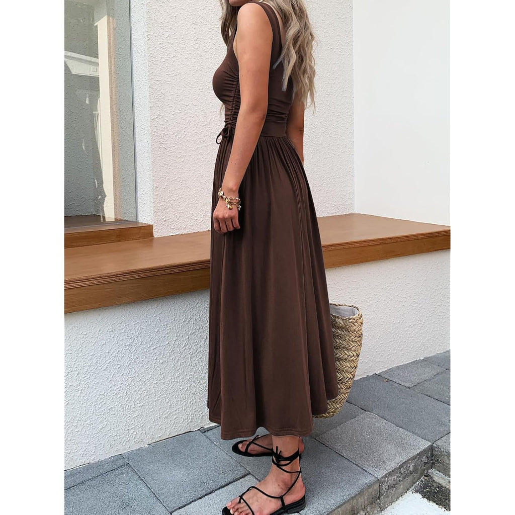Mieazom Women’S Boho Summer Maxi Dress With Pockets, Adjustable Waist, Sleeveless Casual Ruched Sundress For Beach Vacation