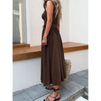 Mieazom Women’S Boho Summer Maxi Dress With Pockets, Adjustable Waist, Sleeveless Casual Ruched Sundress For Beach Vacation