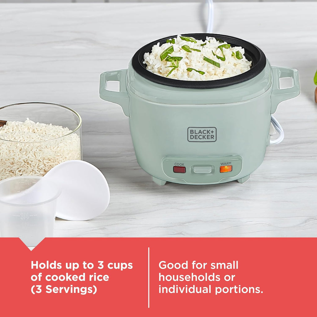 Black+Decker 3-Cup Cooked (1.5 Cups Uncooked) Rice Cooker, Removable Nonstick Bowl, One-Touch Operation, Surf Spray