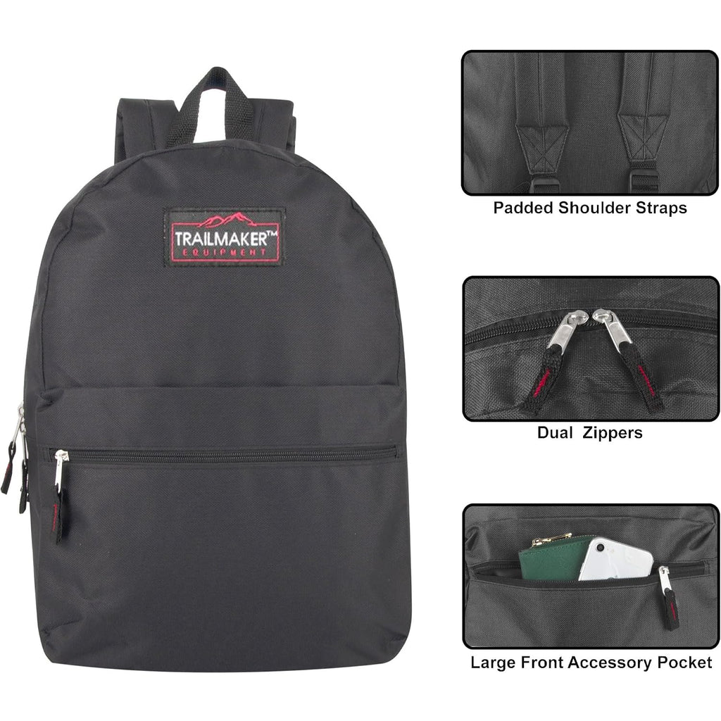 Trail Maker Classic 17 Inch Backpacks With Adjustable Padded Straps | School Backpacks For Girls, Boys (Black)