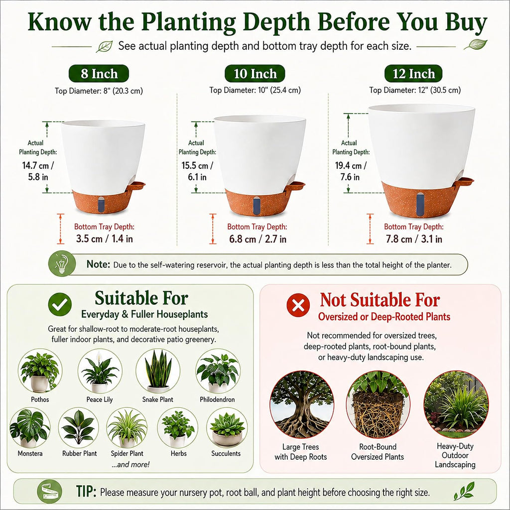 8/10/12 Inch Self Watering Pots For Indoor/Outdoor Plants | Large Plastic Planter With Drainage Holes, Water Level Indicator & Deep Reservoir, Modern Decorative Flower Pots, White