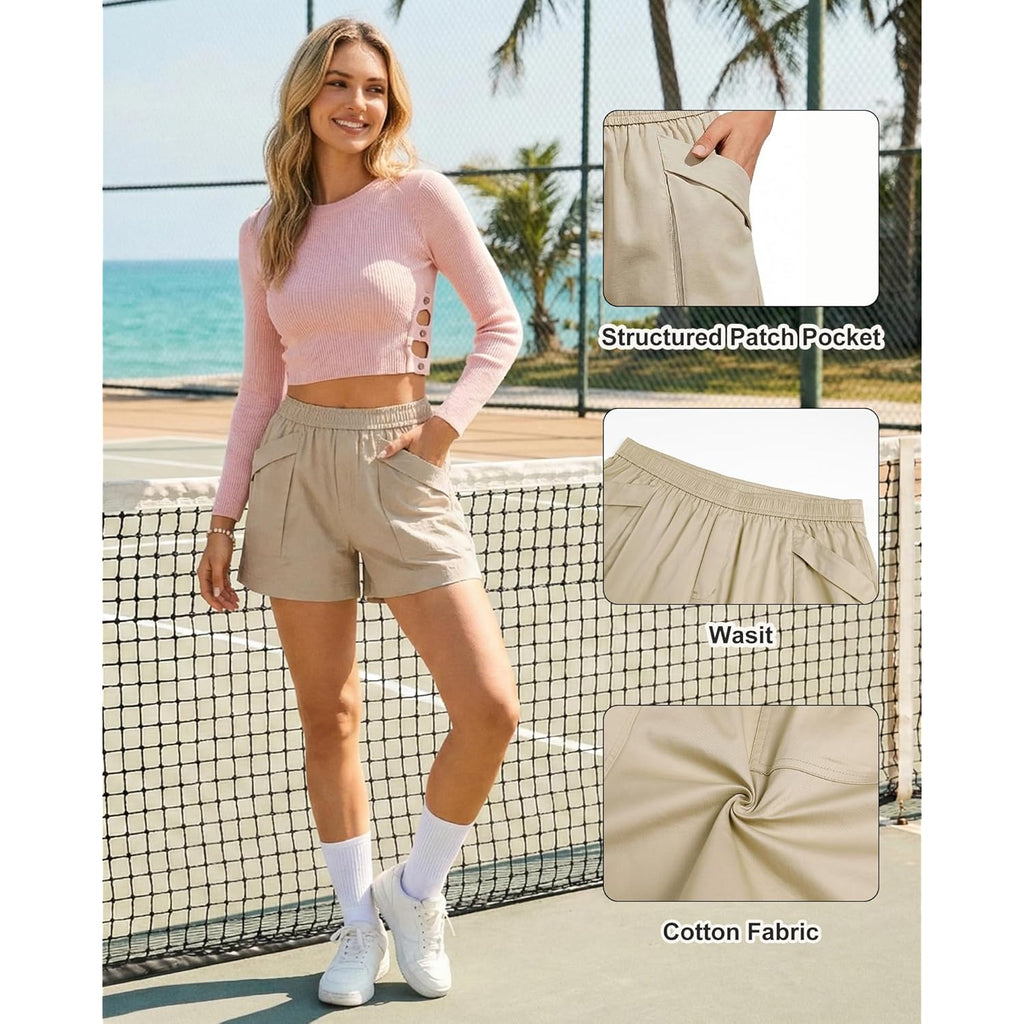 Shorts for Women Casual Cotton Wide Leg Elastic Waist Flowy Shorts with 4 Pockets Summer Beach Vacation Outfits