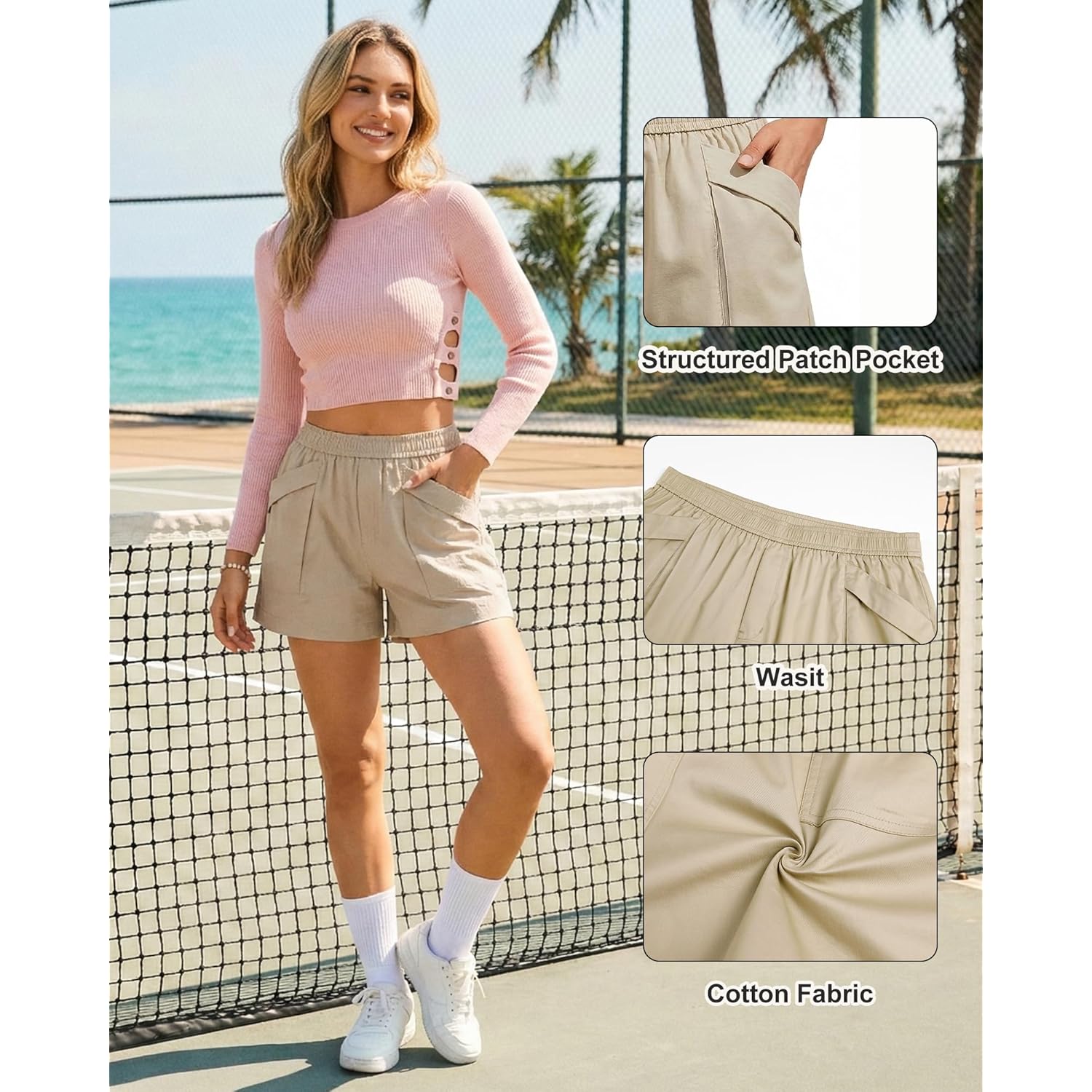 Shorts for Women Casual Cotton Wide Leg Elastic Waist Flowy Shorts with 4 Pockets Summer Beach Vacation Outfits
