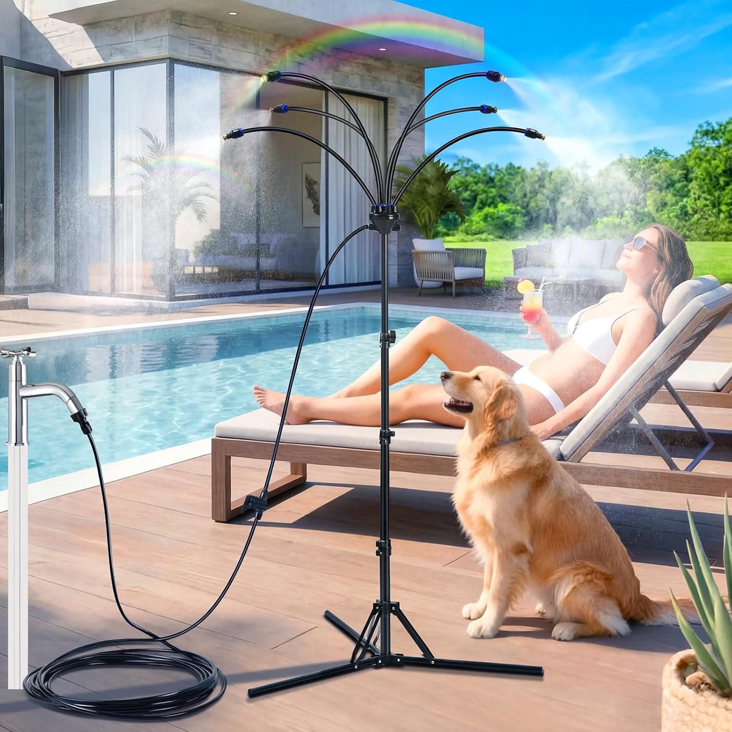 6-Nozzle Adjustable Standing Misters For Outside Patio - Stand Misting System For Cooling Outdoor Areas, Easy To Install & Maintain, Custom Coverage, Durable For Backyard Use.