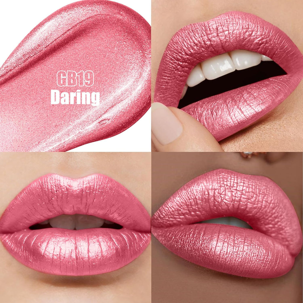 Depuplum Pink Metallic Lipstick and Lip Liner Combo Makeup 2in1 Shimmer Glitter Lipsticks for Women Metallic Lip Gloss Stain Waterproof Smudgeproof Nude Long Lasting Lipsticks (GB19 Daring)