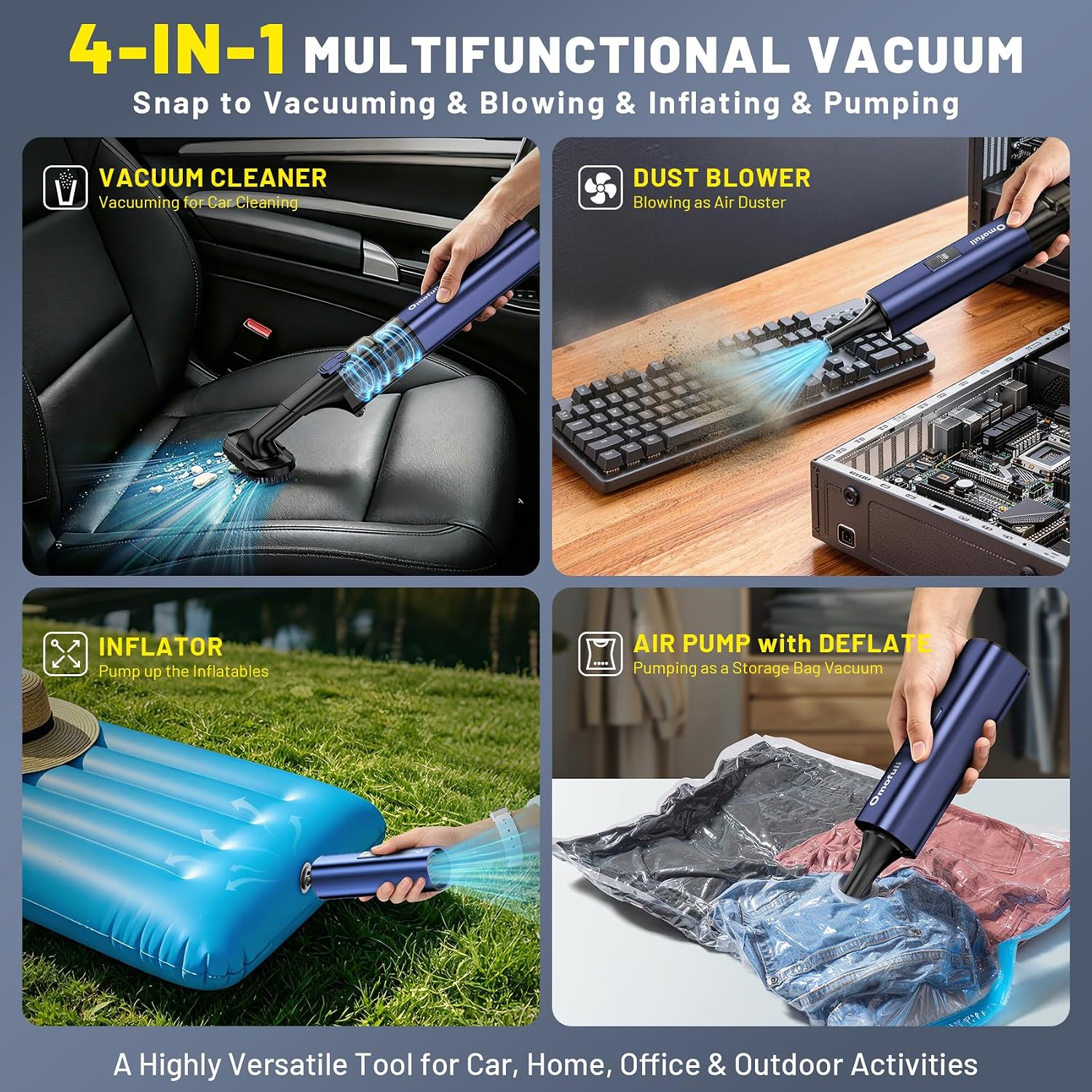 Car Vacuum Portable Cordless, 19500Pa 4-In-1 Handheld Vacuum Cordless Vacuum Cleaner&Air Duster With Multi-Nozzles, 140W Hand Cordless Rechargeable Vacuum Cleaners For Car, Home, Office, Pet