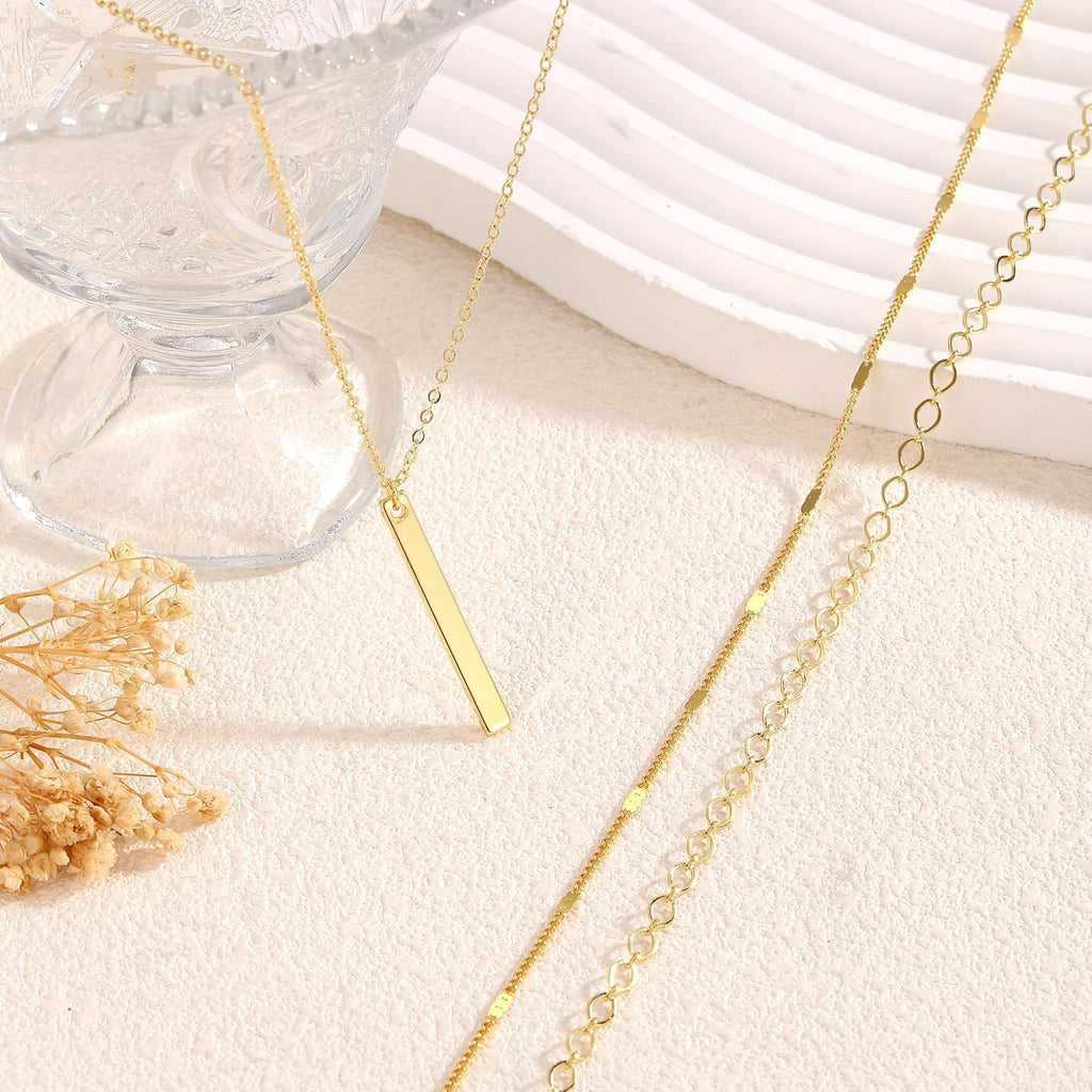 Gold Necklace for Women 14K Gold Plated Layered Cross Bar Necklace Herringbone Figaro Paperclip Flat Chain Cute Charm Accessories Non Tarnish Jewelry Set Gifts for Women