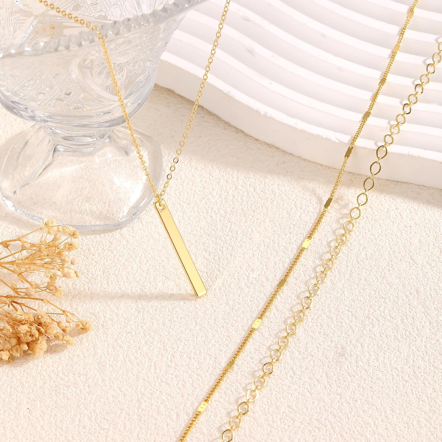Gold Necklace for Women 14K Gold Plated Layered Cross Bar Necklace Herringbone Figaro Paperclip Flat Chain Cute Charm Accessories Non Tarnish Jewelry Set Gifts for Women