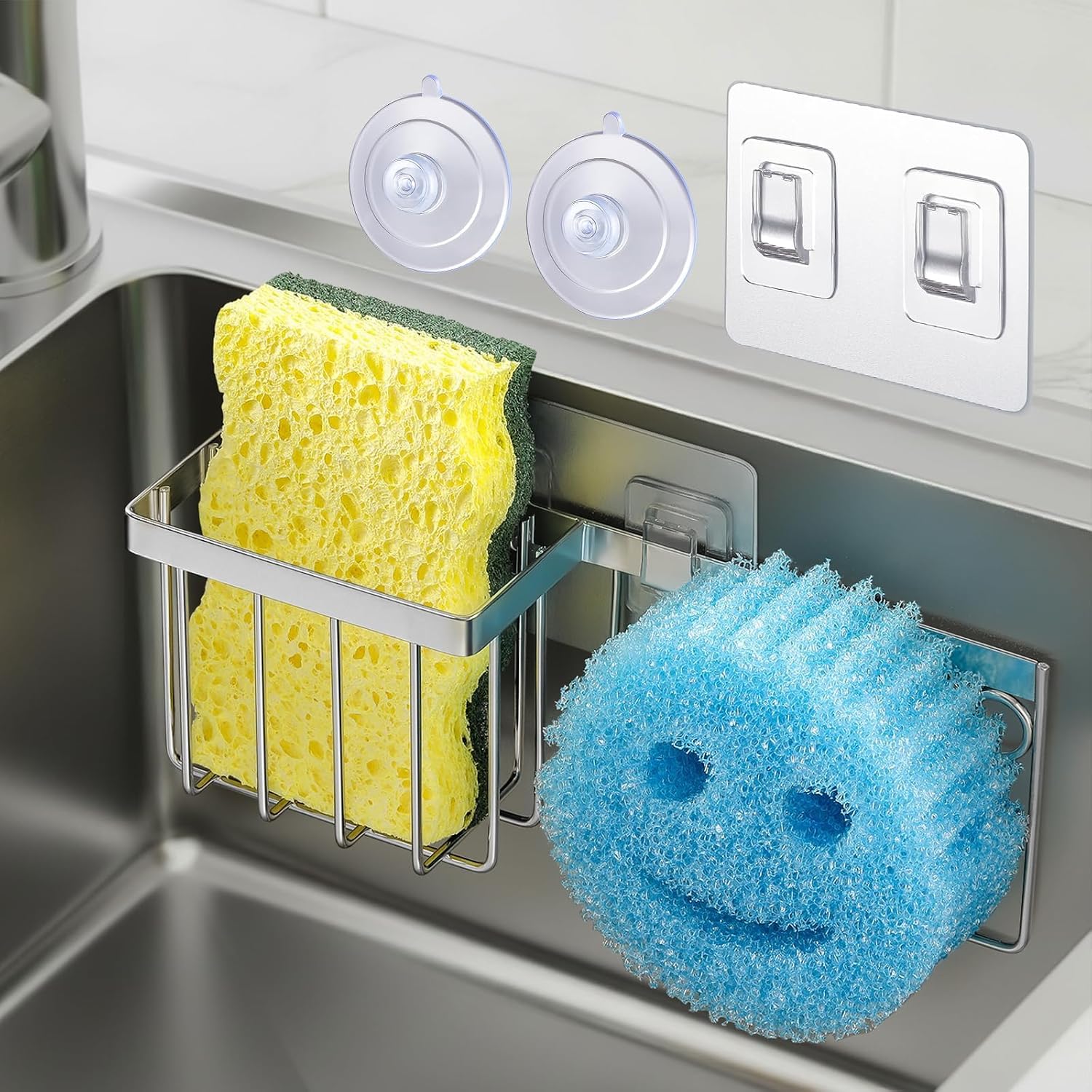 [Space Saving] Sponge Holder For Kitchen Sink, Great For Scrub Daddy / Scrub Mommy Sponges, Rust-Proof Sink Sponge Caddy Organizer For Dish Brush, Scrubber - 2 Mounting Options (Suction Cups & Hooks)