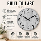 Wall Clock, Rustic Wall Clocks Battery Operated Silent Non Ticking, Country Round Wooden Clocks Farmhous Wall Decorative For Kitchen, Bathroom, Living Room (Gray 8 Inch)