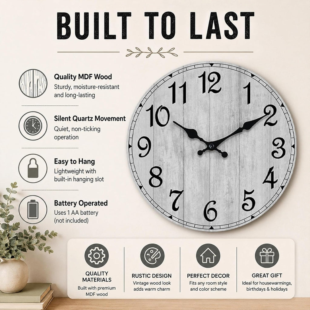 Wall Clock, Rustic Wall Clocks Battery Operated Silent Non Ticking, Country Round Wooden Clocks Farmhous Wall Decorative For Kitchen, Bathroom, Living Room (Gray 8 Inch)