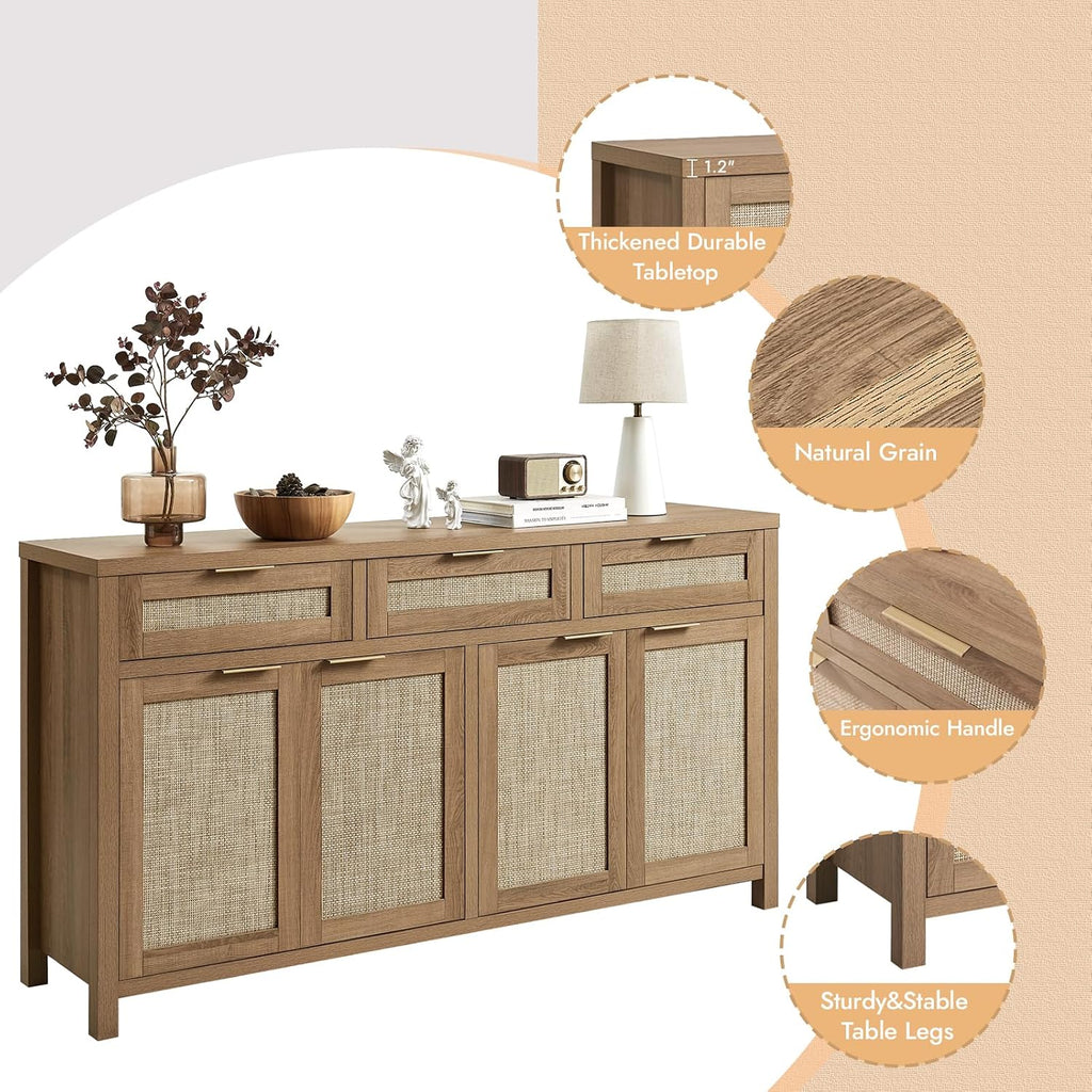 63" Rattan Sideboard Buffet Cabinet, Boho Storage Cabinet With Adjustable Shelves, Farmhouse Credenza Coffee Bar Cabinets With 4 Doors & 3 Drawers For Living Room, Hallway & Kitchen