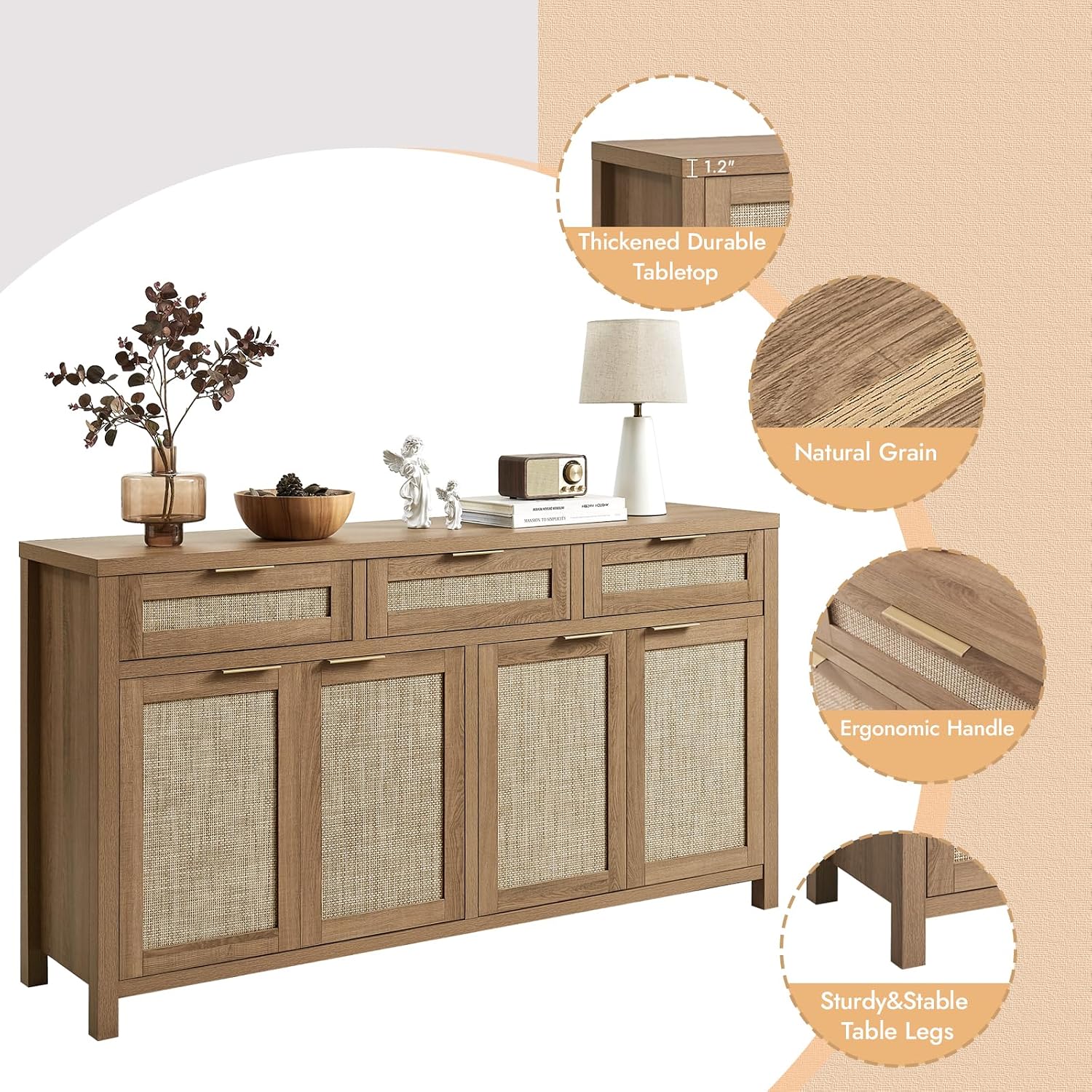63" Rattan Sideboard Buffet Cabinet, Boho Storage Cabinet With Adjustable Shelves, Farmhouse Credenza Coffee Bar Cabinets With 4 Doors & 3 Drawers For Living Room, Hallway & Kitchen