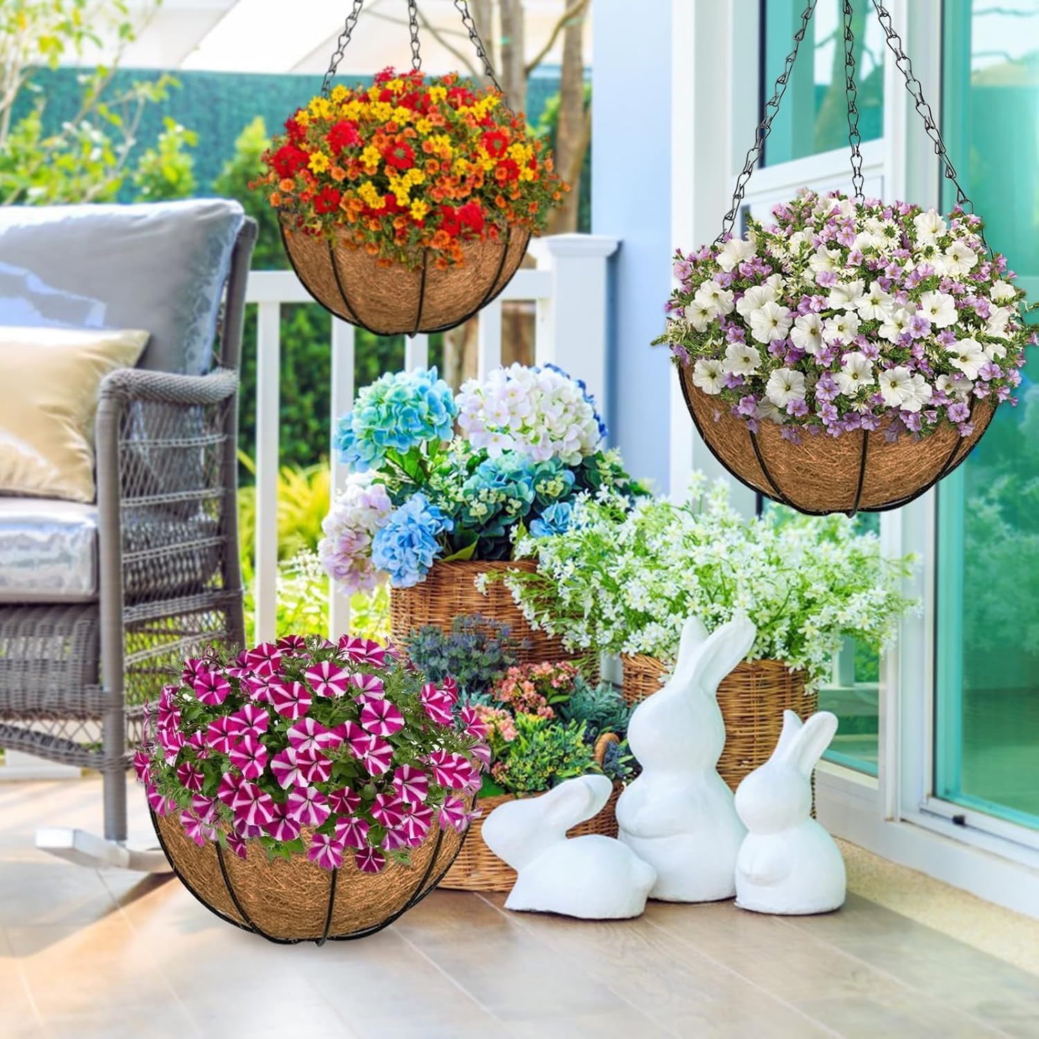 2 Pack 14 Inch Hanging Baskets For Plants Outdoor, Metal Wire Round Planters With Coco Liner, Hanging Flower Baskets For Home Garden Porch Balcony Railings Decor