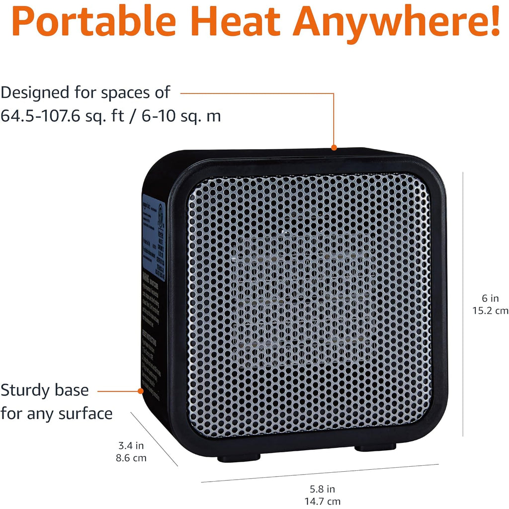 Amazon Basics Ceramic Portable Mini Space Heater For Office Desk, Indoor Use, Fast Heating, Energy Efficient, 500W, With Tip-Over Protection, Lightweight 1.4 Lbs, Black, 5.87"D X 3.15"W X 5.95"H