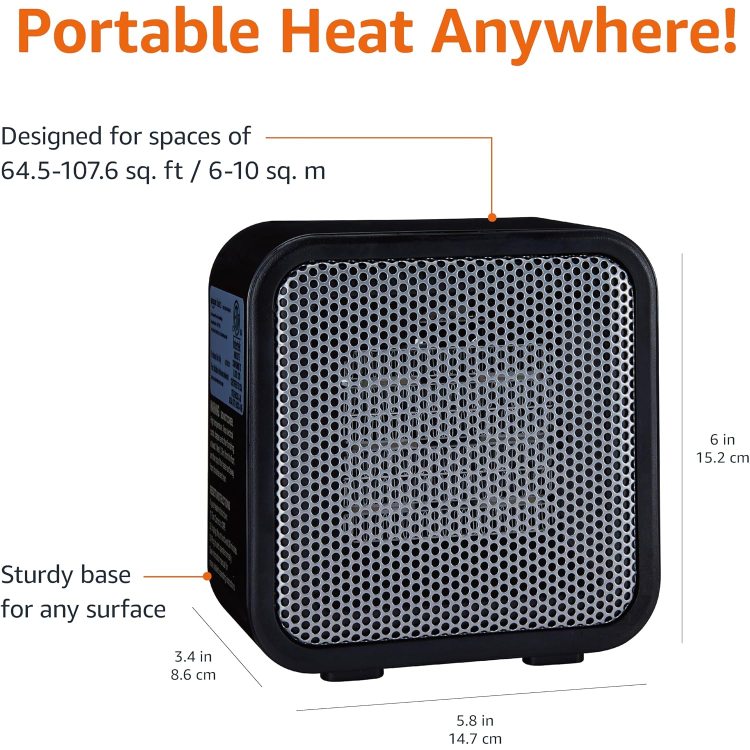 Amazon Basics Ceramic Portable Mini Space Heater For Office Desk, Indoor Use, Fast Heating, Energy Efficient, 500W, With Tip-Over Protection, Lightweight 1.4 Lbs, Black, 5.87"D X 3.15"W X 5.95"H