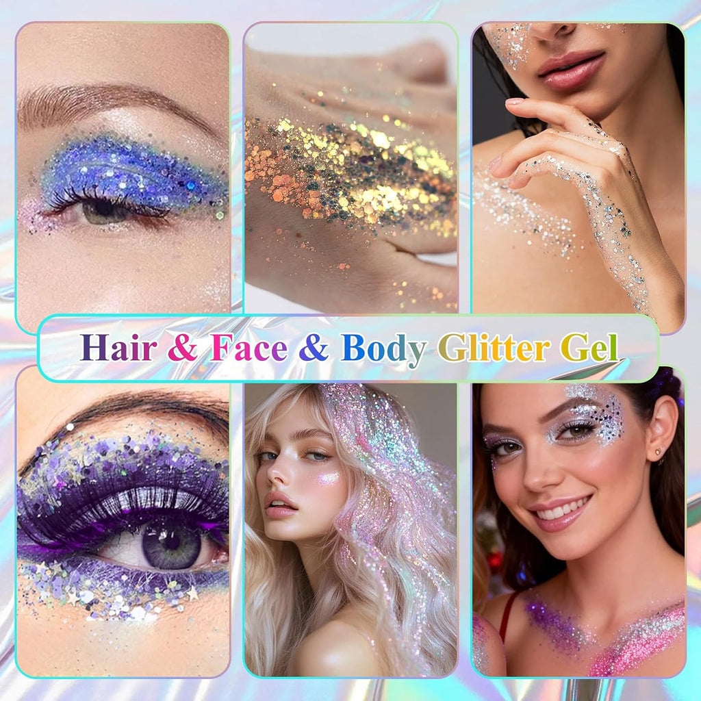 Body Glitter Gel, Hair Face Glitter For Kids & Women, Chunky Mermaid Sequins, Easy Apply & Quick Drying, World Cup Makeup, Singer Concert Festival Birthday Party, Rave Accessories, Pink