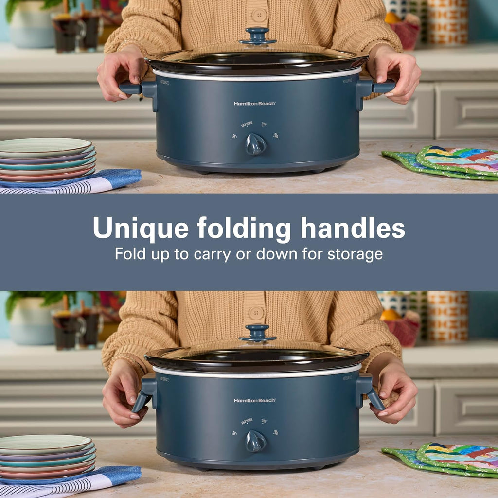 Hamilton Beach 6 Quart Slow Cooker With Space-Saving Folding Handles | 3 Heat Settings | Dishwasher Safe Stoneware Crock & Glass Lid | Kitchen Makeover Blue | 33608