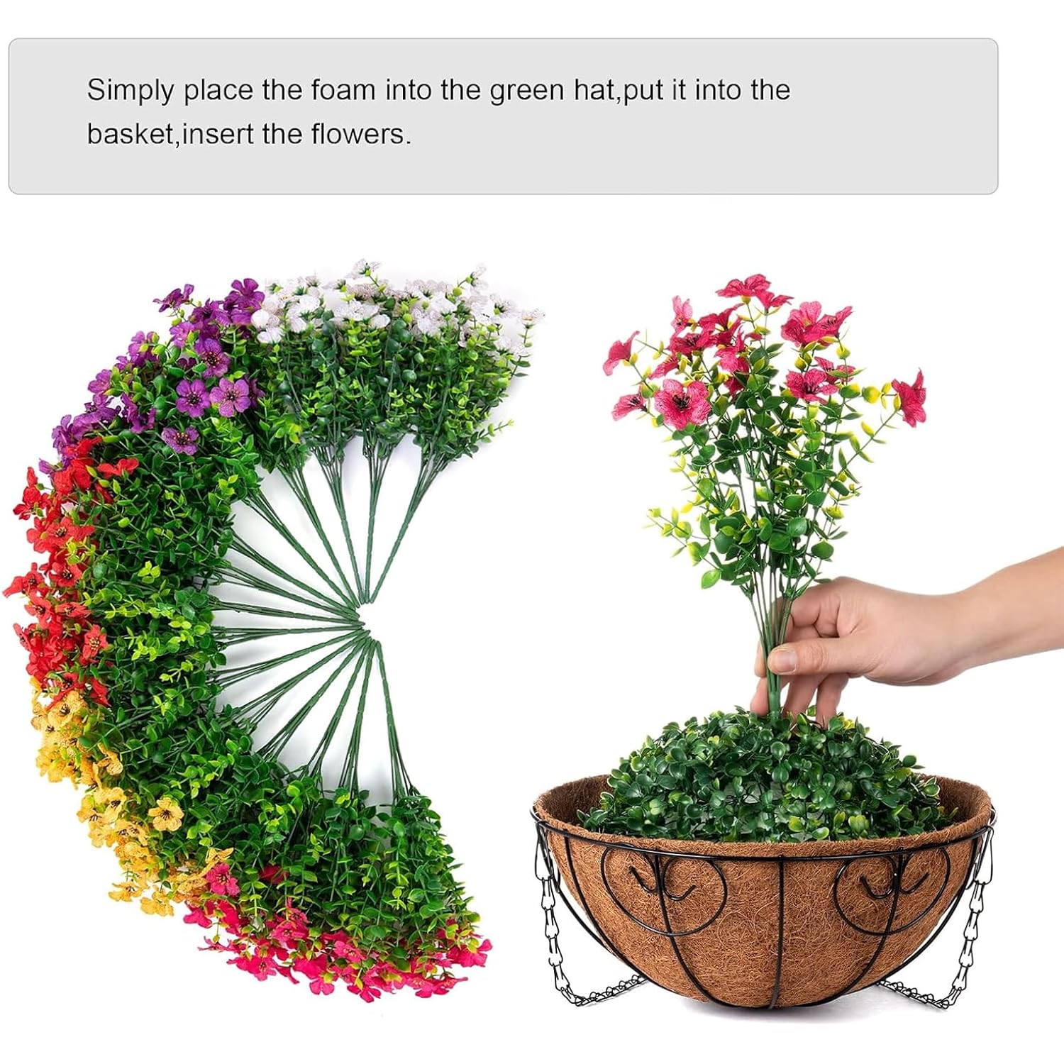 Artificial Faux Hanging Plants Flowers Basket For Summer Outdoor Outside Decoration, Fake Silk Uv Sun Resistant Look Real Colorful Daisy Eucalyptus For Porch Home Patio Balcony Yard