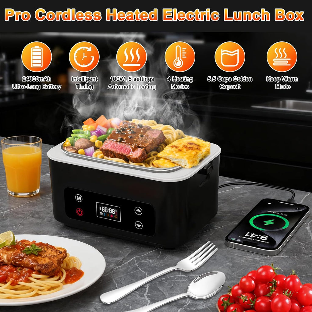 Heated Lunch Box,Electric Lunch Box, Lunch Box Battery Powered, Pro 24000Mah,5.5 Cups Portable Food Heater-3D-5 Side Heating-Intelligent Temperature Control,Suitable For Trucks,Offices (Black/White)