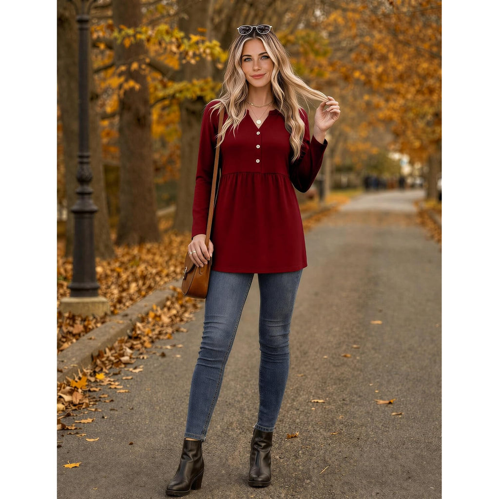 Zeagoo Women Blouses Long Sleeve Shirts Boho Henley V Neck Tops Business Casual Loose Pleated Fashion Clothing