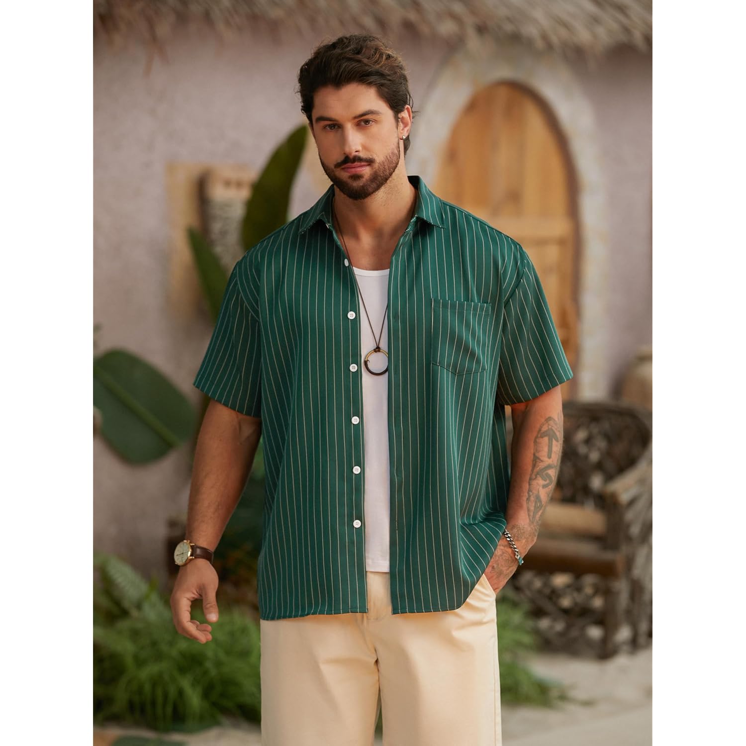 Hardaddy Men'S Casual Striped Shirts Button Down Short Sleeve Blouse Summer Hawaiian Shirt
