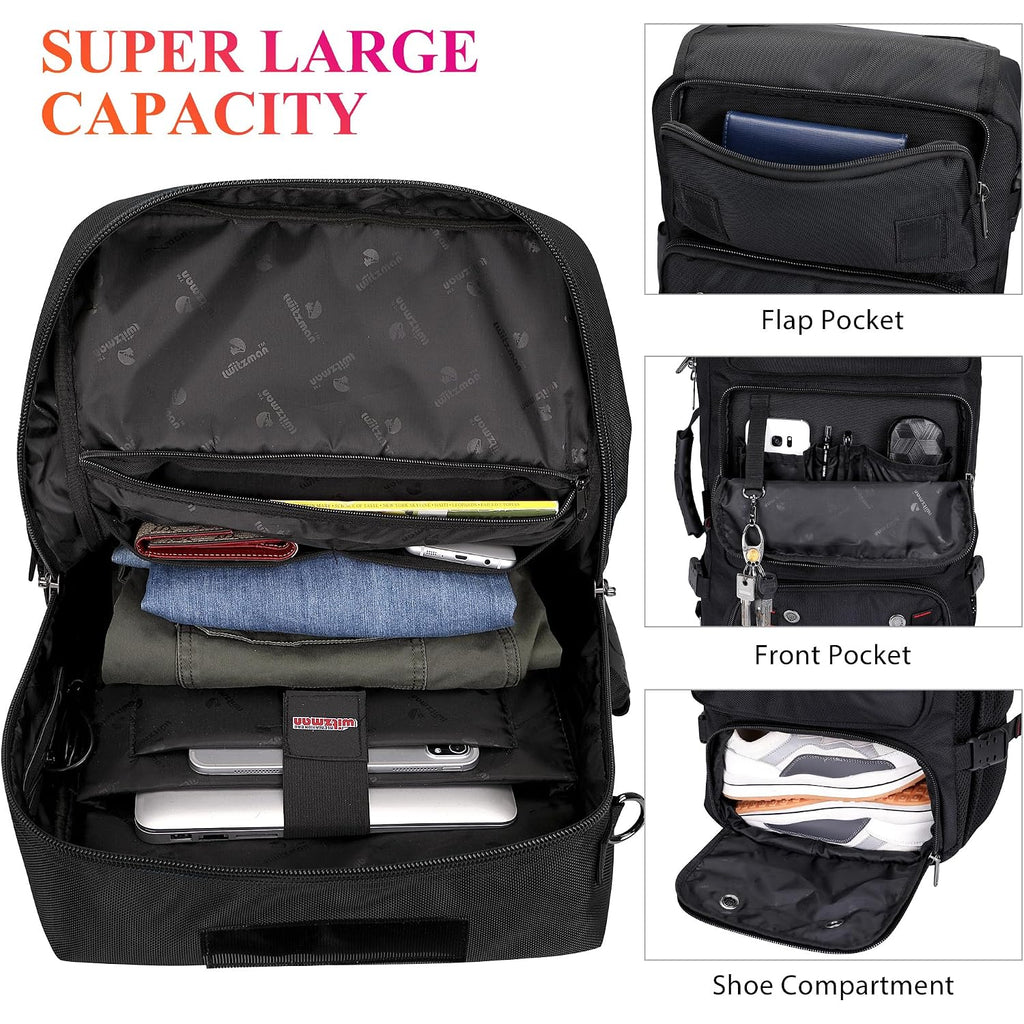 Witzman Carry On Travel Backpack For Men Airline Approved Fits 16" Laptop | Nylon 3 In 1 Luggage Duffle Bag With Usb Charging Port, Shoe Compartment, For Weekend Getaway, Overnight Trip, B682 Black)