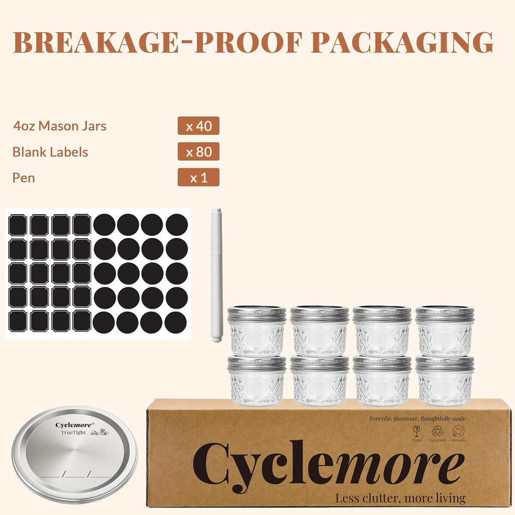 Cyclemore 40 Pcs 4Oz Clear Glass Mini Mason Jars With Silver Separable Lids And Diamond Appearance, Small Spice Canning Jars For Honey, Jam, Jelly, Wedding Favors, Kitchen Food Storage