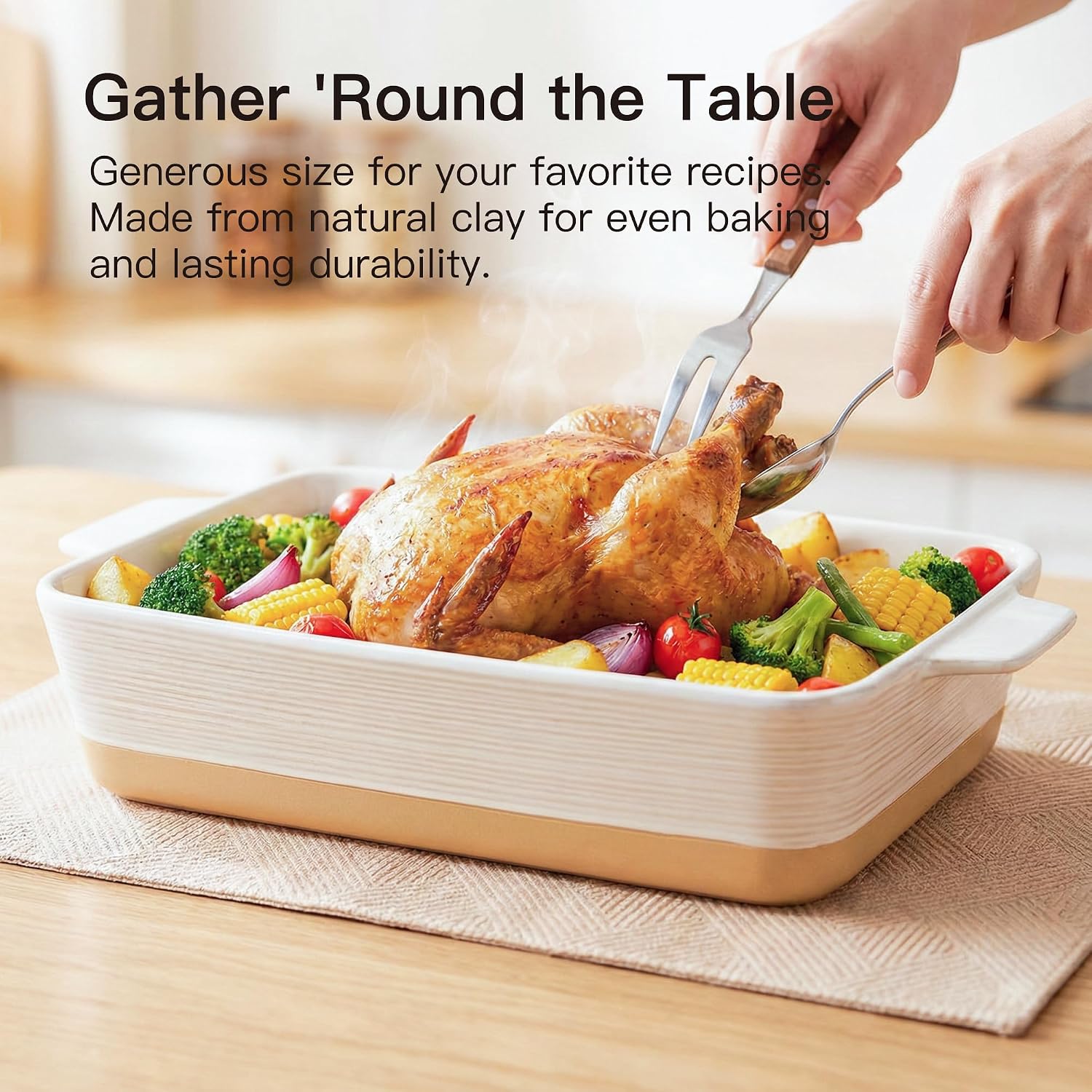 Casserole Dish For Oven, 4.2 Qt Baking Dish, 9X13 Large Porcelain Baking Pan, Durable Rectangular Lasagna Pan Deep With Handles, Microwave Oven Safe, Home Decor, Wedding Gift (Khaki & White)