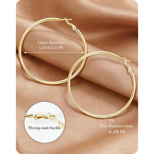 6 Pairs Silver Gold Hoop Earrings for Women - 14K Gold Plated 316 Stainless Steel, Hypoallergenic Lightweight 20/30/40/50/60/70mm Hoops Set