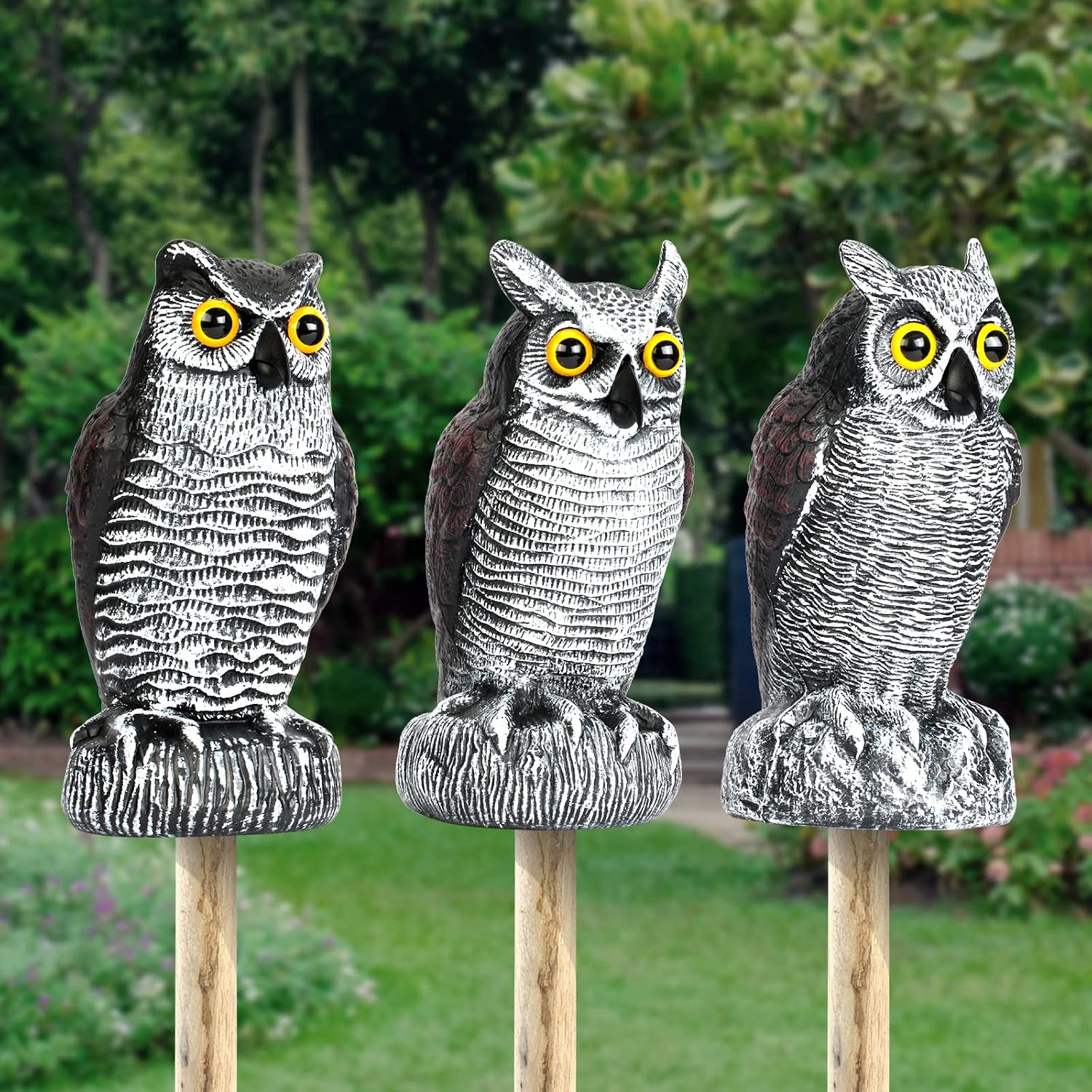 3-Pack Owl Decoys For Bird Deterrent - Weatherproof Bird Repellent Devices For Outdoor Use - Plastic Owls To Scare Birds Away And Control Garden Pests