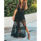 Women'S Deep V-Neck Lace Romper Short Sleeve Long Dress