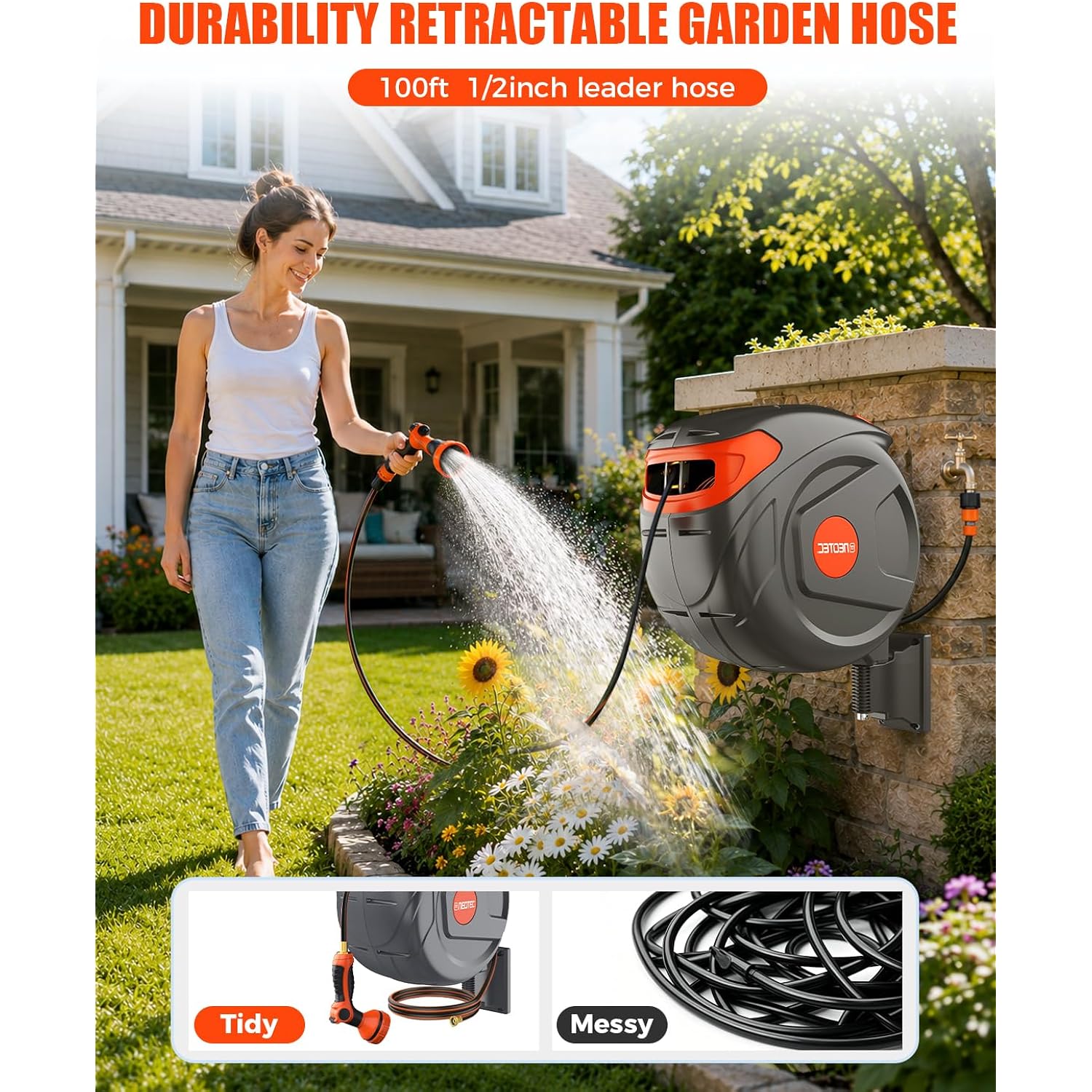 100Ft Retractable Garden Hose Reel 1/2 Inch, Wall Mounted Heavy Duty Water Hose With Auto-Lock, Slow Return, 180° Swivel Bracket & 9-Pattern Spray Nozzle, Uv Resistant Outdoor Hose Storage System