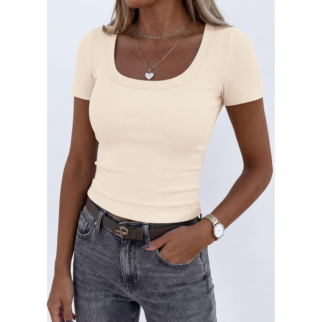 Prettygarden Scoop Neck Tops For Women 2026 Summer Basic Tees Trendy Short Sleeve Shirts Spring Casual Fitted Ribbed Tops
