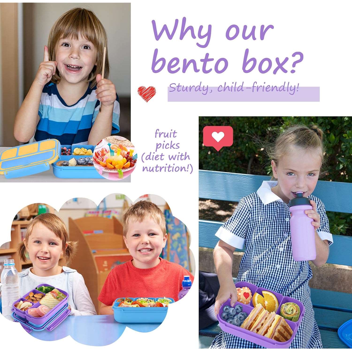 Qqko Bento Lunch Box For Kids Girls Boys, Toddler Kids Lunch Boxes For School, Lunch Containers For Adults With 4 Compartments, Sauce Container, Utensils, Food Picks And Muffin Cups, Purple