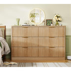 Fluted 6 Drawer Dresser For Bedroom, Wide Modern Chest Of Drawers With Metal Handle, Curved Profile Design, Wood Closet Clothes Storage Organizer For Bedroom, Hallway, Natural