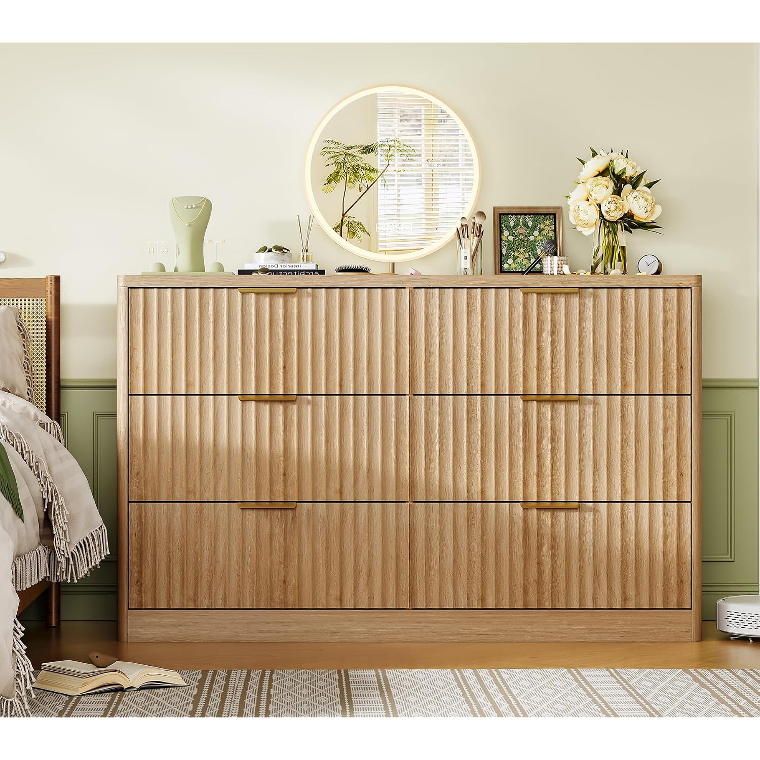 Fluted 6 Drawer Dresser For Bedroom, Wide Modern Chest Of Drawers With Metal Handle, Curved Profile Design, Wood Closet Clothes Storage Organizer For Bedroom, Hallway, Natural