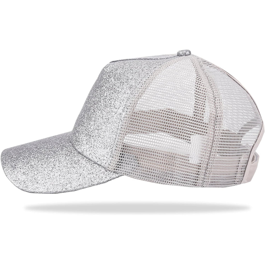 Criss Cross Hat Washed Distressed Baseball Cap Ponytail Hat High Messy Bun Ponycap for Women Glitter-red