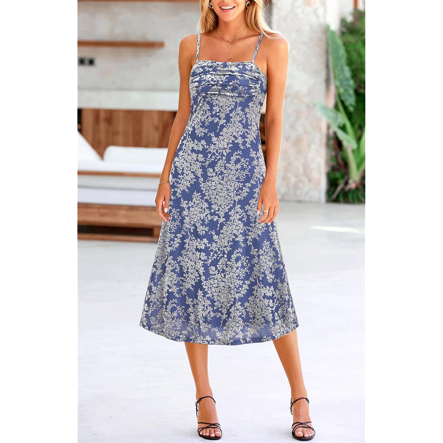 Women's Summer Dress Sleeveless Spaghetti Strap Midi Dress Sexy Cowl Neck Floral Cocktail Dress Party Dresses