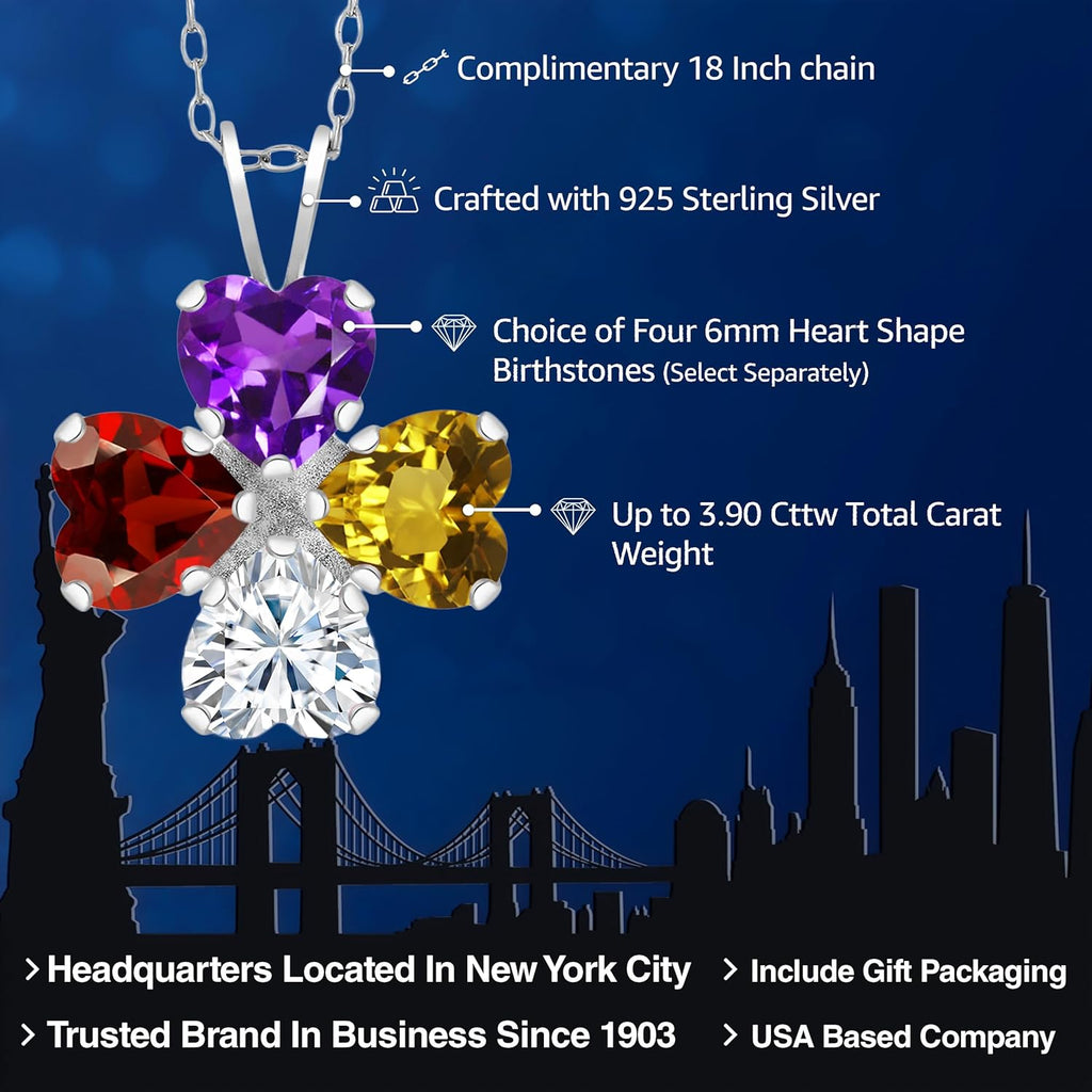 Gem Stone King Customized and Personalized 4 Heart Shape Pendant Necklace For Women | 925 Sterling Silver | Gemstone Birthstone Fashion Love Mothers Flower Blossom Necklace | With 18 Inch Silver Chain