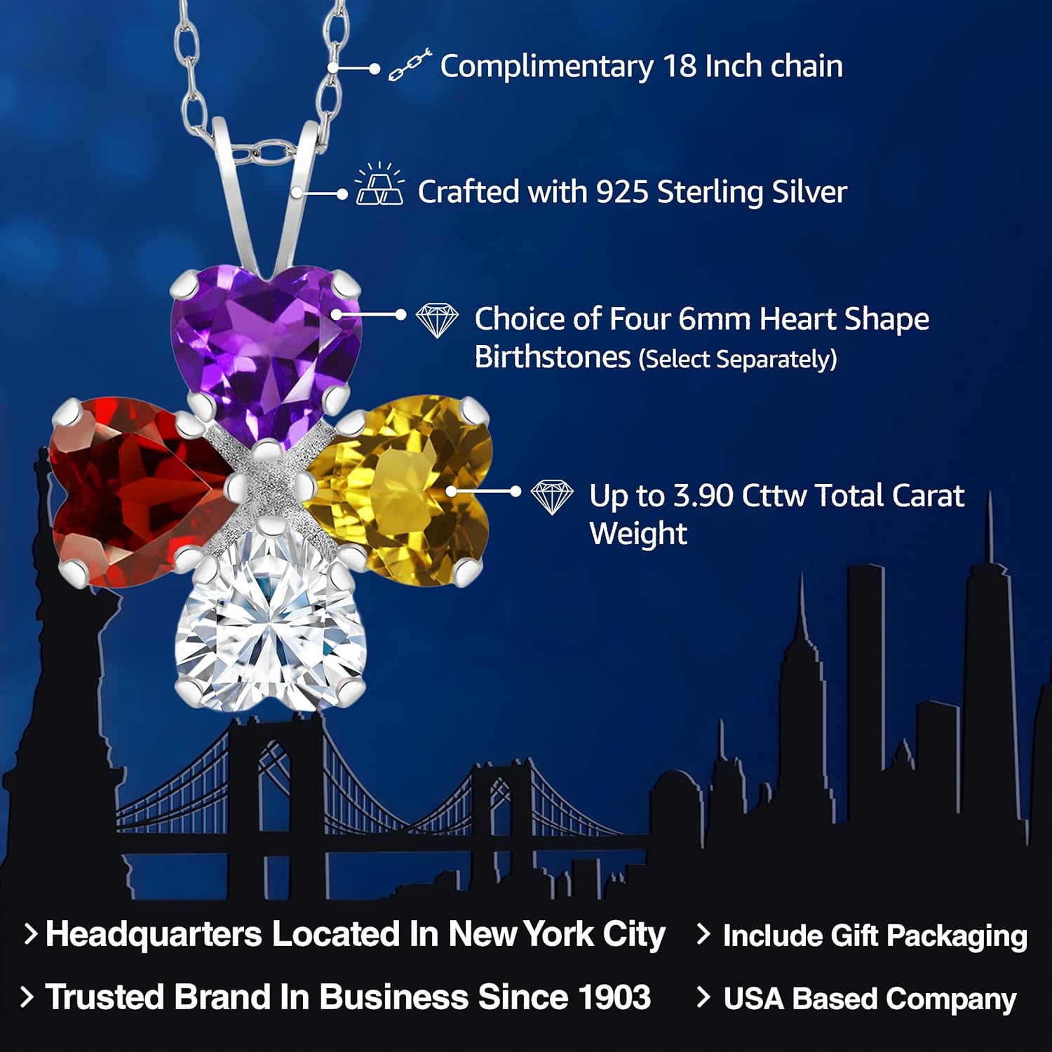 Gem Stone King Customized and Personalized 4 Heart Shape Pendant Necklace For Women | 925 Sterling Silver | Gemstone Birthstone Fashion Love Mothers Flower Blossom Necklace | With 18 Inch Silver Chain