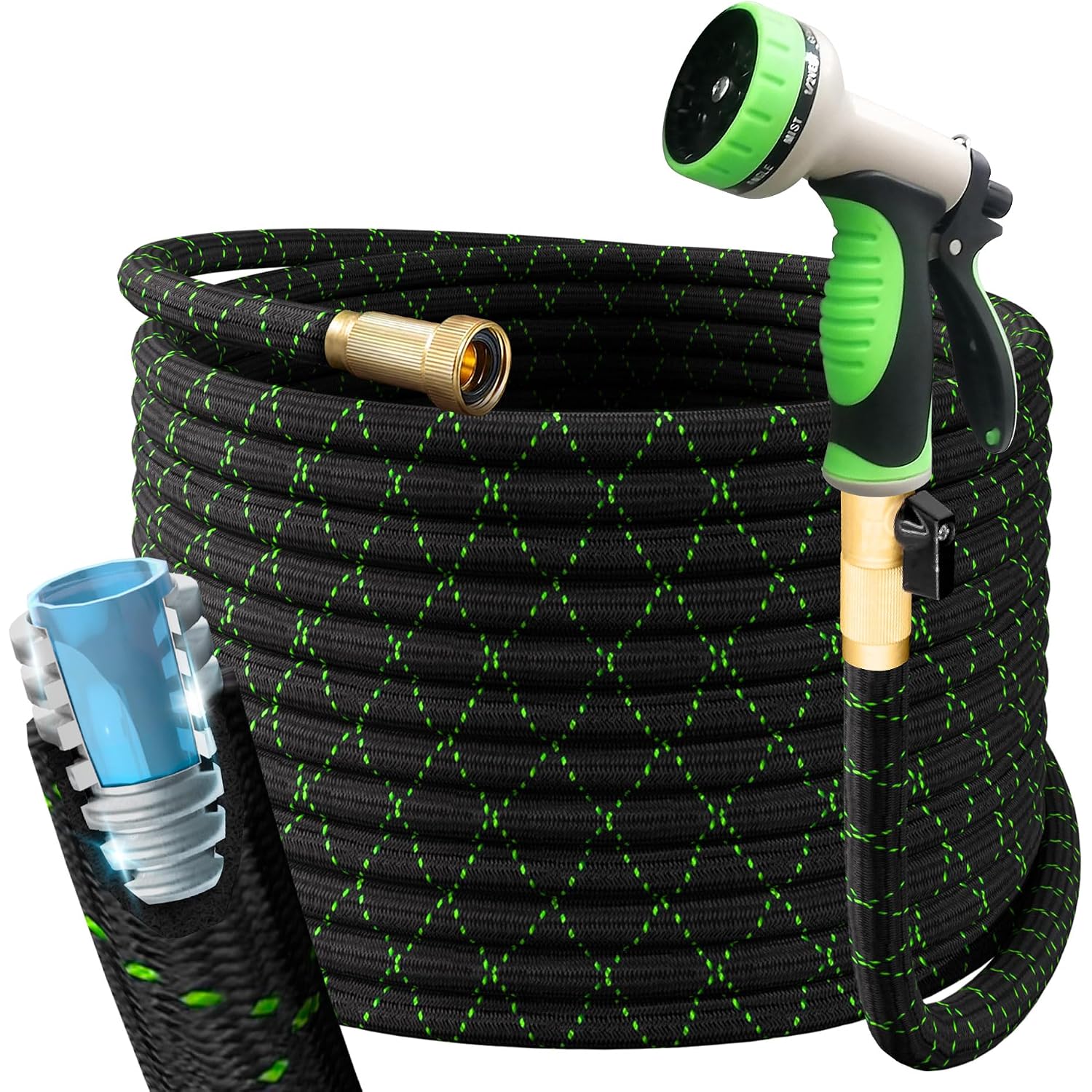 Garden Hose, Non-Expandable 25 Feet Premium Quality Stainless Steel Metal Water Hose With Durable Fabric Skin, Hose For Commercial, Residential Use, Bonus 10-Way Spray Nozzle (25 Ft, Black)