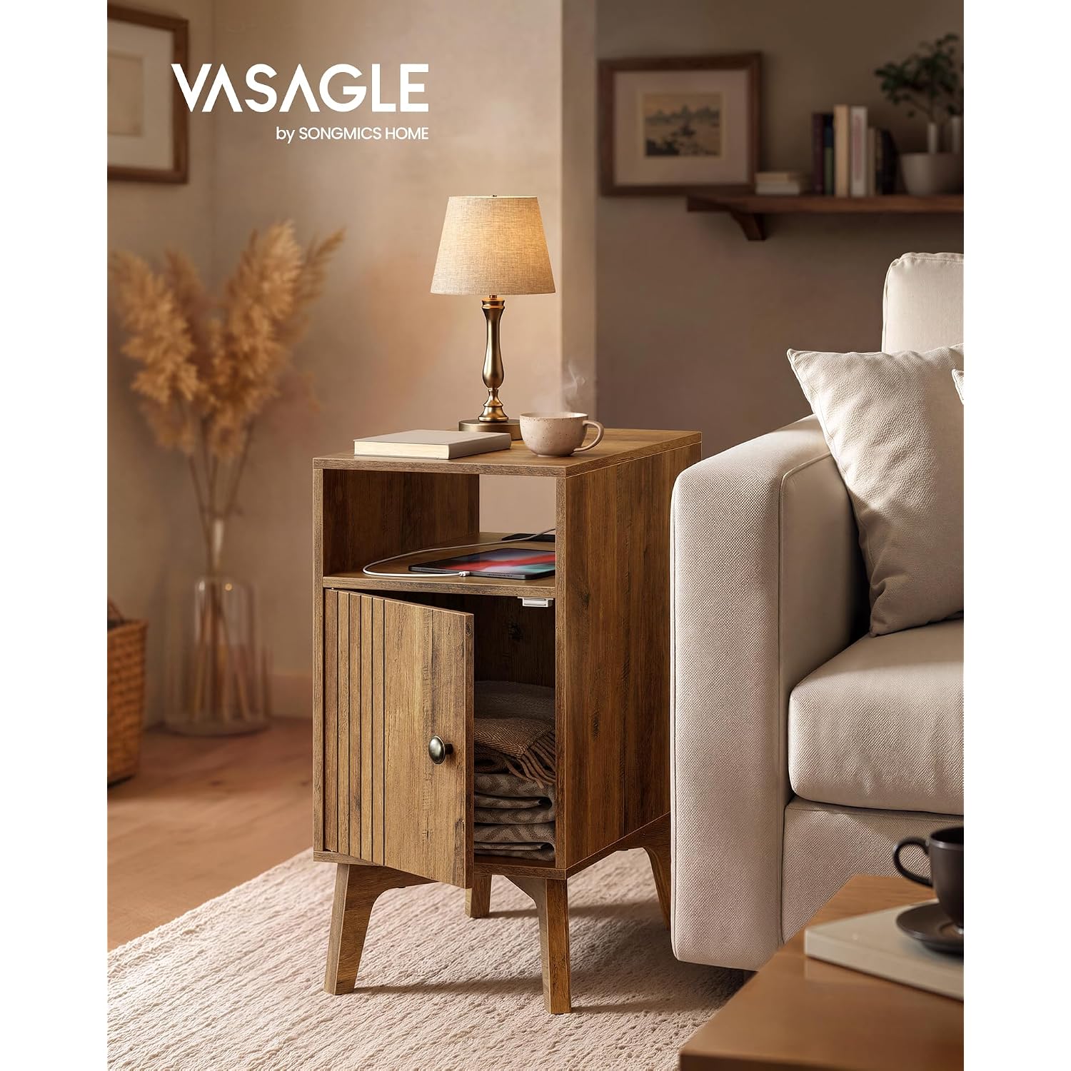 Vasagle Maezo Collection - End Table With Charging Station, Narrow Side Table, Nightstand With Tapered Legs, Curved Transitions, For Small Spaces, Bedroom, Honey Brown Ulet329K101S