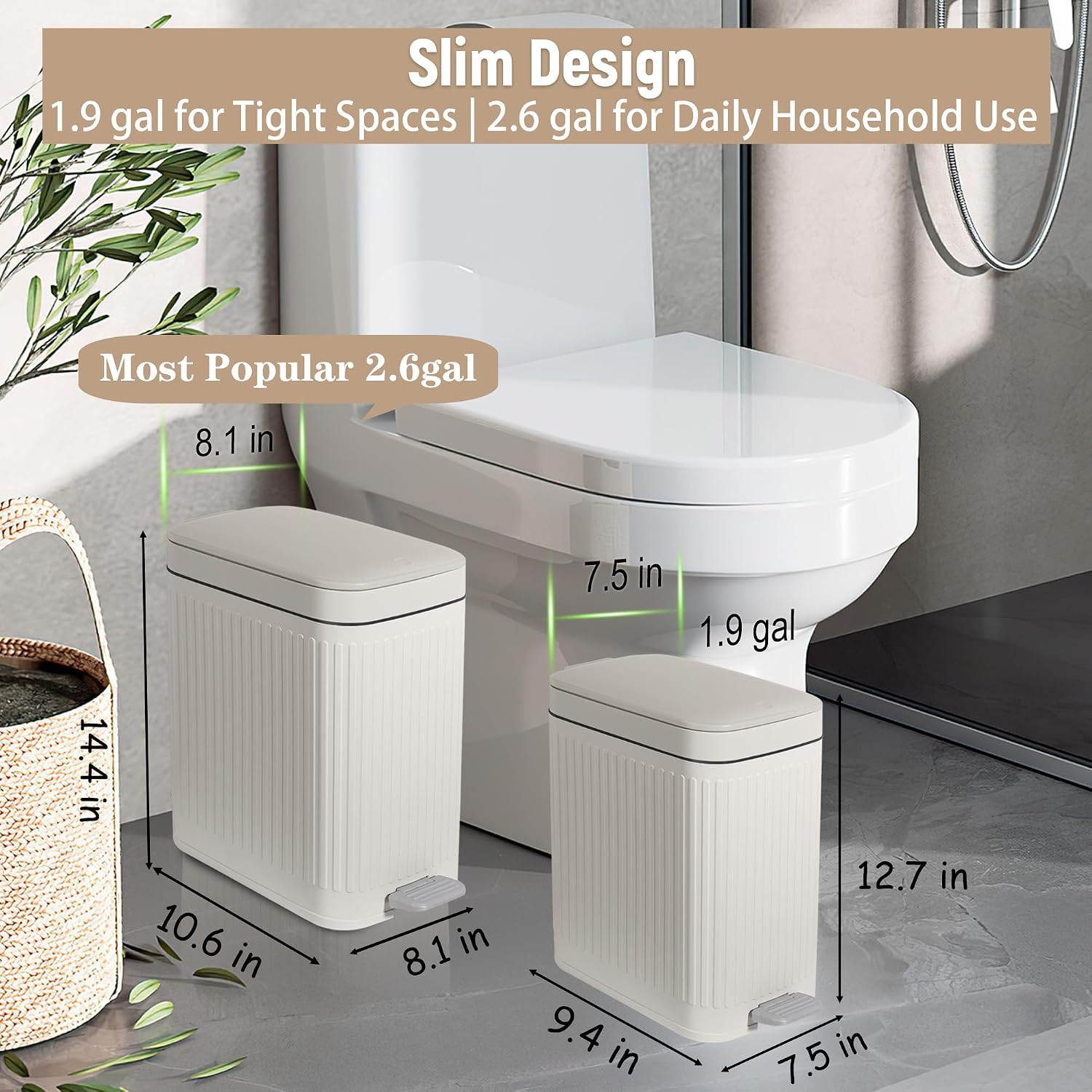 Small Bathroom Trash Can With Lid Slim Soft Close Garbage Can Step Wastebasket Container Trash Bin For Office Bedroom Kitchen Living Room (1.9 Gallon Cream)