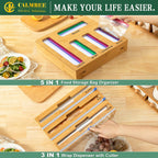 Calmbee 9 In 1 Bamboo Storage Bag Organizer For Kitchen Drawer – Plastic Wrap Dispenser With Cutter & Foil Organizer, Wooden Baggie Organizer For Sandwich, Snack, Gallon, Quart Sizes, Natural