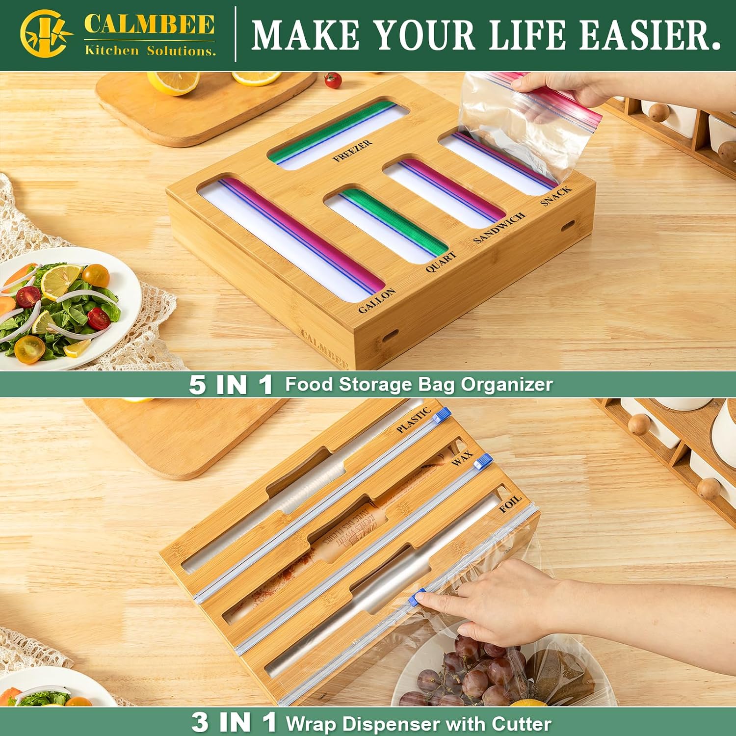 Calmbee 9 In 1 Bamboo Storage Bag Organizer For Kitchen Drawer – Plastic Wrap Dispenser With Cutter & Foil Organizer, Wooden Baggie Organizer For Sandwich, Snack, Gallon, Quart Sizes, Natural