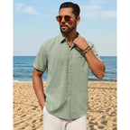 Mens Linen Shirt Short Sleeve Button Down Shirt Summer Casual Beach Tops | Lightweight Breathable, Shrink-Resistant, Linen Texture, Relaxed Fit Button Up, For Vacation Wedding Work Office Date Daily